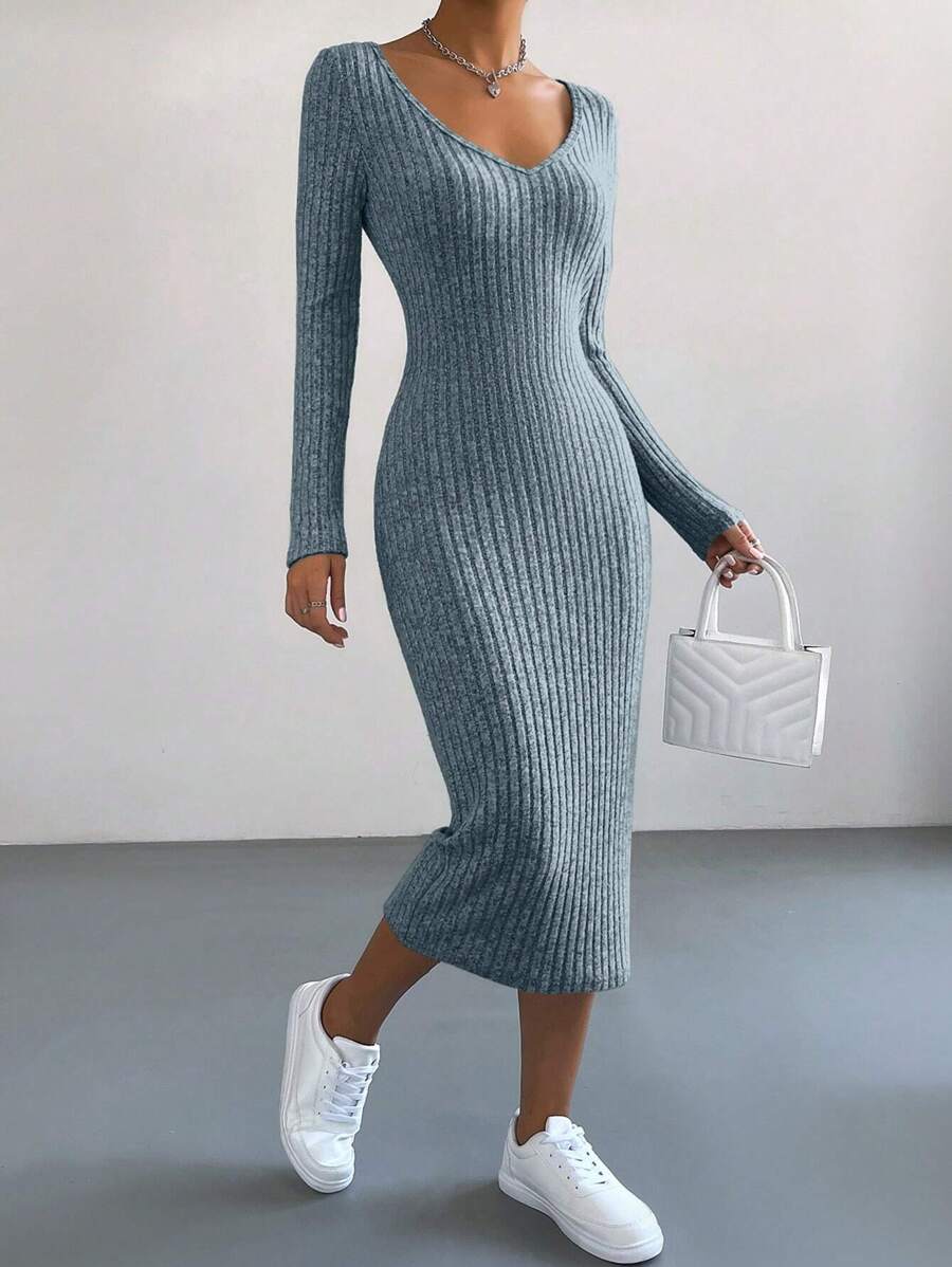 SHEIN Essnce 长袖针织紧身中长连衣裙,春秋季休闲装 - 霧霾藍 - 查看 1