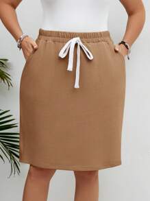 SHEIN LUNE Falda recta casual con bolsillo y cintura con lazo para mujer de talla grande - Marrón Mocha - Ver 3