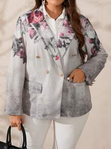 EMERY ROSE 大码女式秋季花卉印花缺口领长袖金属双排扣优雅西装外套 - 杏色 - 查看 4
