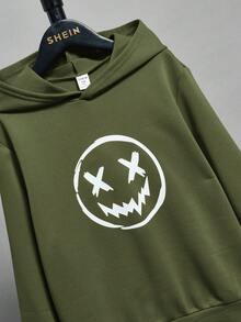 SHEIN Tween Boy's Cartoon Graphic Hooded Sweatshirt, Spring/Autumn - Army Green - View 5