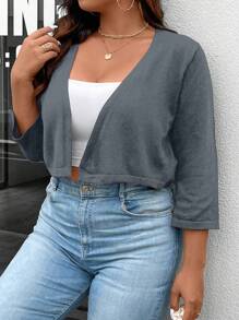 SHEIN Unity Plus Size Nữ Xuân Thu Màu Trơn 3/4 Tay Hở Mặt Trước Áo Cardigan Ngắn - Xám - Xem 6