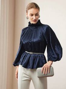 MOTF 纯色荷叶边立领灯笼袖百褶衬衫（无腰带）、荷叶边上衣 - 藍色 - 查看 6