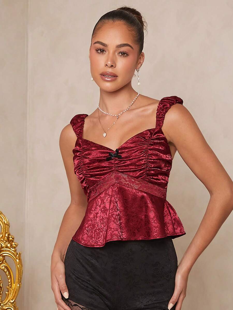 L'Amorae Women's Top With Ruching And Lace Cutout