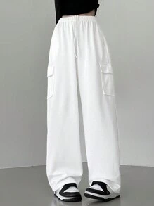 DAZY 纯色抽绳口袋休闲运动裤，返校服运动裤 - 白色 - 查看 2