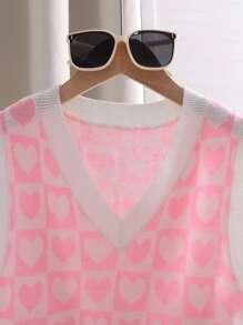 SHEIN Tween Girl 休闲心形 V 领无袖针织毛衣背心，秋冬款 - 淺粉色 - 查看 4