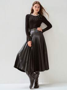 Enchnt 春夏浪漫法式黑色百褶PU半身裙，甜美优雅，适合日常休闲穿着、工作装、下午茶、浪漫约会、假日、毕业典礼、日常通勤、度假、音乐会等场合。 - 黑色 - 查看 4