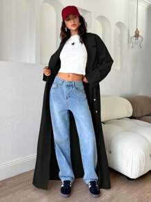 Aloruh Women's Casual Linen Long Open Front Double Breasted Trench Coat, Autumn Winter - Black - View 3