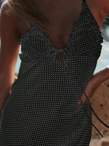 SHEIN SXY Vestido corto de tirantes con nudo delantero y estampado de lunares para mujer - Negro - Ver 3