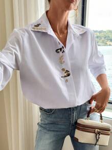 EURMUSE Cotton COTTONLINE Cat Pattern & Flower Embroidery Detailed Cutest Shirt Ever - White - View 1