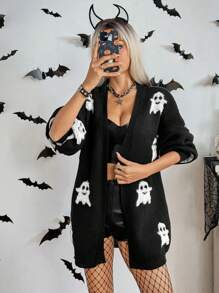Chiquease Halloween Women's Cute Ghost Pattern Cardigal With V-Neckline Fall Winter Cloth For Women - Black and White - View 5