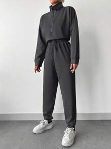 EURMUSE Women's Zipper Half Placket Sweatshirt And Pants Set - Dark Grey - View 3
