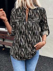 SHEIN LUNE Women's Casual All-Over Print Roll-Up Sleeve Blouse, Spring Autumn - Black - View 5