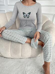 RueChic Butterfly And Plaid Print PJ Set - Multicolor - View 1