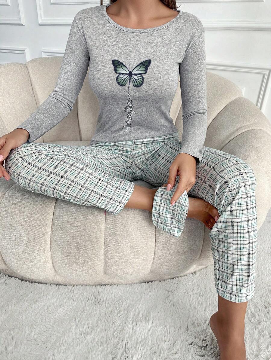RueChic Butterfly And Plaid Print PJ Set - Multicolor - View 1