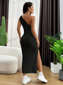 SHEIN EZwear 女式夏季性感纯色不对称领口侧开衩连衣裙 - 黑色 - 查看 2