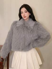 DAZY Abrigo acolchado corto y regular con cuello esponjoso, elegante y cálido para mujer, chaqueta de invierno para mujer, ropa de mujer de otoño