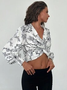 SHEIN Privé Damen elegante romantische Bluse mit Blumenprint und Puffärmeln für Urlaub, schwarze und weiße Bluse