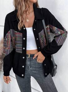 EMERY ROSE Women's Geometric Print Front Button Casual Long Sleeve Jacket - Black - View 4