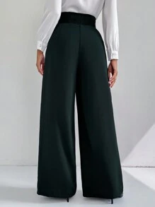 Modelyn Quần ống rộng dáng rộng xếp ly lưng cao màu trơn thanh lịch cho nữ - Màu xanh lá cây đậm - Xem 3