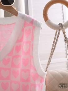 SHEIN Tween Girl 休闲心形 V 领无袖针织毛衣背心，秋冬款 - 淺粉色 - 查看 5