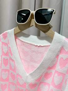 SHEIN Tween Girl 休闲心形 V 领无袖针织毛衣背心，秋冬款 - 淺粉色 - 查看 6