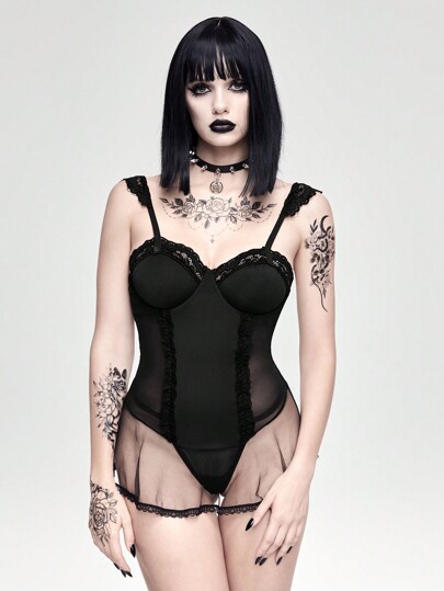 Goth Conjunto de lencería sexy que incluye vestido gótico oscuro de Lolita con varillas de acero y tanga