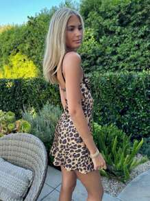 INAWLY Dames luipaardprint eenvoudige casual mini-slipjurk