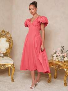 SHEIN Unity Charming Coral Pink Off-Shoulder Midi Dress With Puff Sleeves - Red - View 4