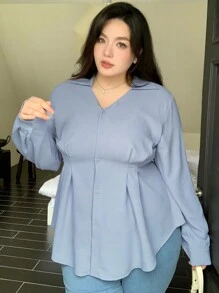 Dazy Plus Plus Size Plain Color Cinched Waist Shirt, Spring/Summer/Autumn