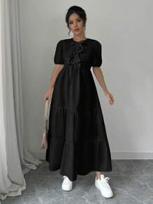 Calvaya Short Sleeve Ruffled Hem Puff Sleeve Solid Color Summer Dress Maxi Women Outfit