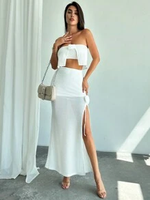 SHEIN Privé 2pcs Women Summer Elegant Vacation Music Festival Wedding Floral Bandeau Top And High Waist Slit Floral Skirt Set Hawaii - White - View 4