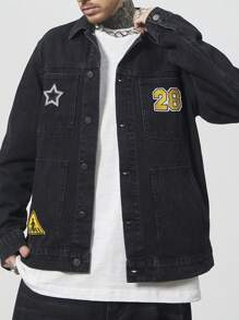 Manfinity LEGND Áo khoác denim thường ngày có đính đá cho nam cỡ lớn, mùa xuân/thu - màu đen - Xem 5