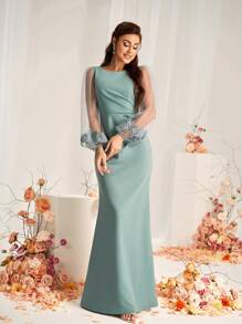 SHEIN Belle 优雅浪漫的薄荷绿色网眼透明袖子贴花腰部褶皱及地长度伴娘礼服，长袖礼服 - 薄荷綠 - 查看 4