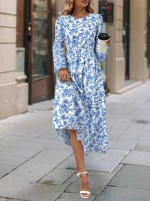 SHEIN Clasi Robe à manches longues col rond avec fleurs éparpillées pour femmes - Bleu et Blanc - Voir 3