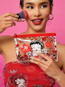 Betty Boop x SHEIN Estuche de cosméticos transparente brillante con personajes de dibujos animados y estampado floral de rosas, regalo para el amante