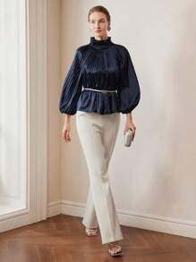 MOTF 纯色荷叶边立领灯笼袖百褶衬衫（无腰带）、荷叶边上衣 - 藍色 - 查看 5