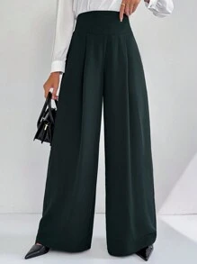 Modelyn Quần ống rộng dáng rộng xếp ly lưng cao màu trơn thanh lịch cho nữ - Màu xanh lá cây đậm - Xem 4