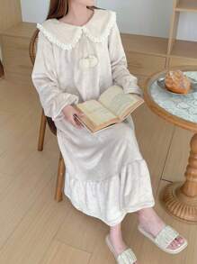 DAZY 加厚法兰绒蕾丝翻领甜美睡裙，蓬松保暖，适合秋冬季节，舒适温暖，宽松睡衣 - 米色 - 查看 6