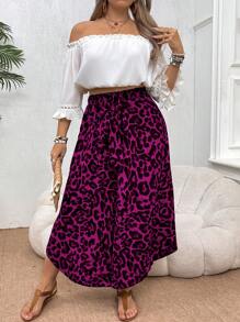 SHEIN VCAY Plus Size Asymmetrical Hem Leopard Print Wide Leg Pants, Casual