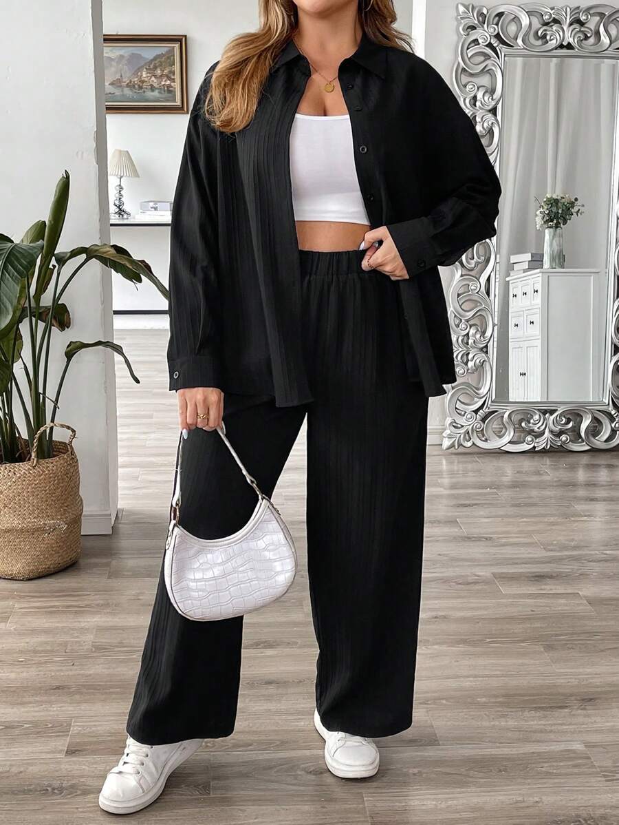 SHEIN VCAY 2pcs Plus Size Women's Casual Loose Fit Solid Color Drop Shoulder Long Sleeve Blouse And Pants Set, Spring Summer - Black - View 1