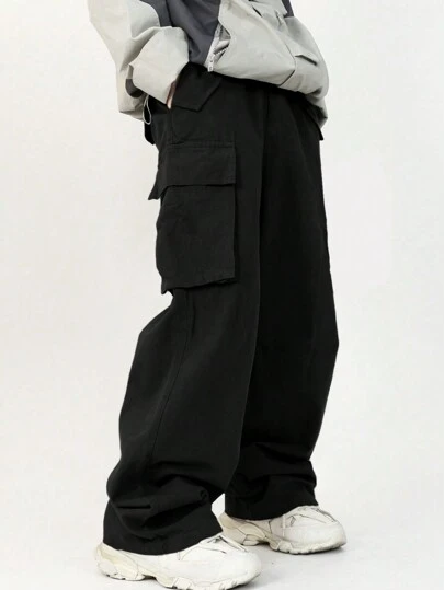 年轻男孩休闲韩版斜口袋贴袋直筒宽松纯色梭织裤黑色工装裤宽松工装裤