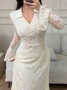 Modelyn 女士纯色撞色蕾丝长款晚礼服 - 杏色 - 查看 4