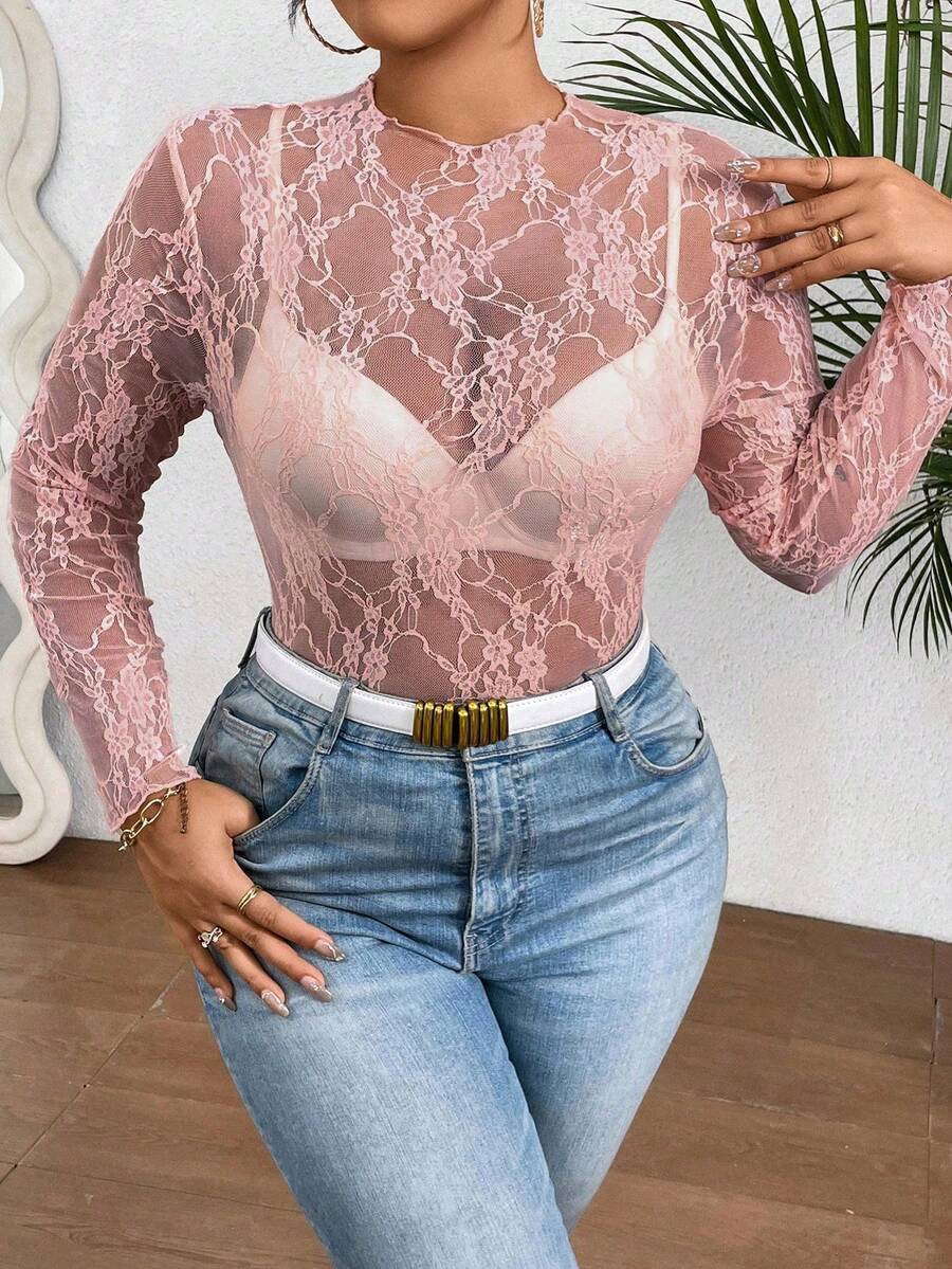 Celure Blusa de manga larga semitransparente con encaje para mujer de talla grande - Rosa vieja - Ver 1