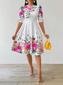 SHEIN Lady 秋冬节日礼服婚礼宾客礼服优雅白色工作针织圆领节日礼服婚礼宾客礼服梭织七分袖女装 - 彩色 - 查看 6