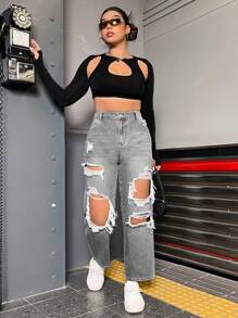 SHEIN ICON 大码女式直筒宽松破洞牛仔长裤带口袋 - 淺灰色 - 查看 5