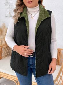 SHEIN LUNE Plus Size Women's Solid Color Zipper Front Pockets Casual Loose Padded Vest, Winter - Army Green - View 4