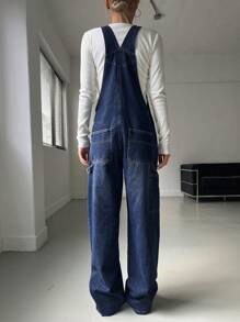 DAZY 女式纯色无袖牛仔连体裤，带口袋，返校服工装裤 - 藍色 - 查看 2