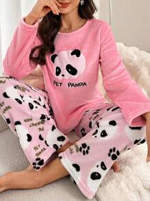 Conjunto de pijama de mujer con top de manga larga y pantalones largos con diseño lindo de panda - Rosa - Ver 6