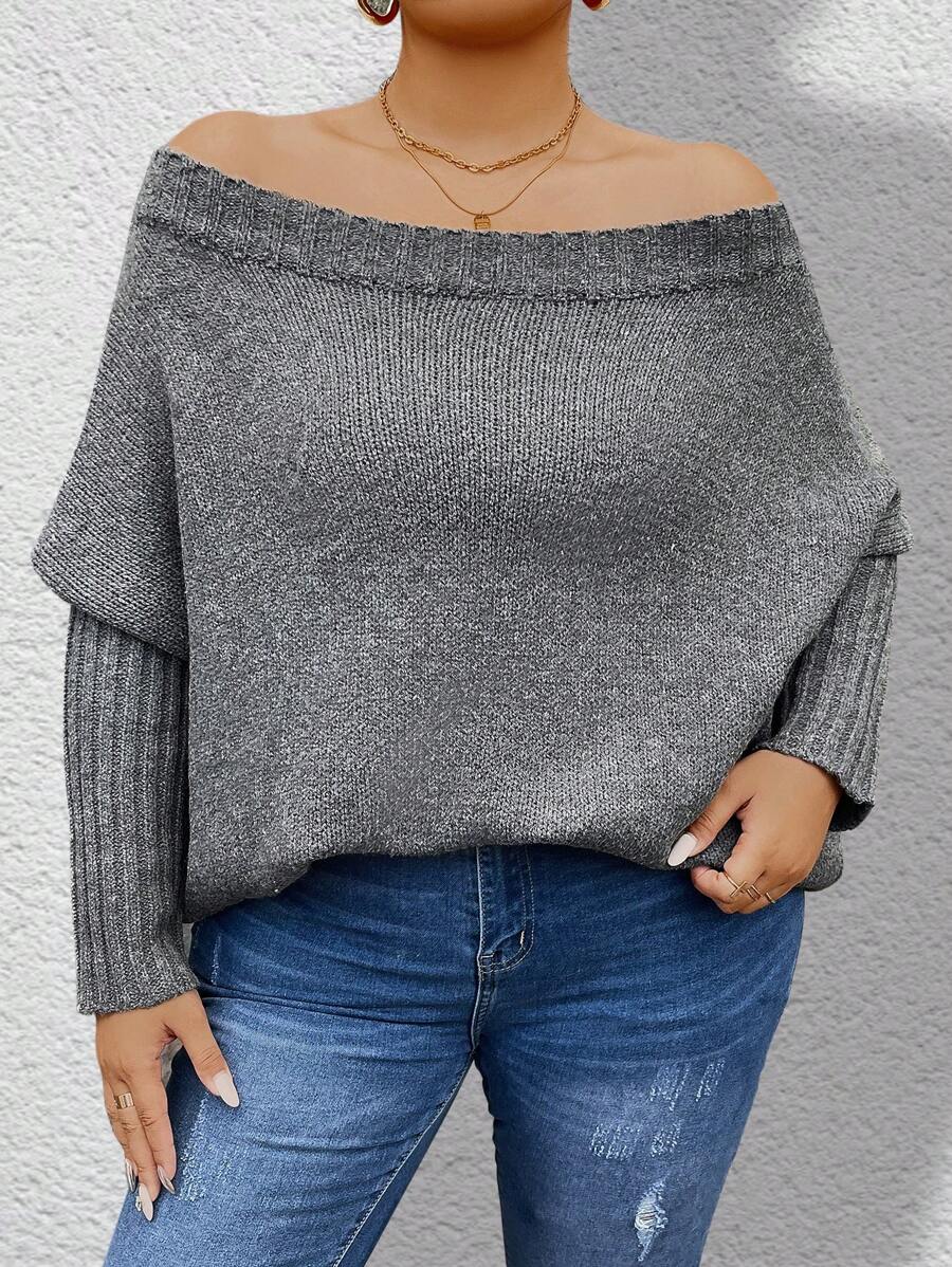 SHEIN Unity Plus Size Women's Solid Color Simple Daily Sweater, Off-The-Shoulder, Long Sleeve Knit Pullover Fall Winter Outfit