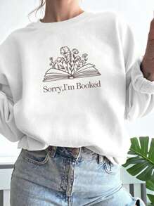 INAWLY Book-Themed Casual Sweatshirt, Gift For Bookworms, Librarians, Reading Lovers, Crew Neck Long Sleeve - White - View 1